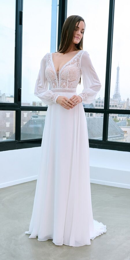 Robe de mariée bohème Bérénice à manches chez Sandra Mariages