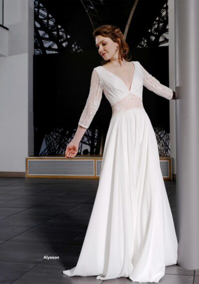 Robe de mariée à manches Alysson Création BOCHET 2025 bohème fabriqué en France