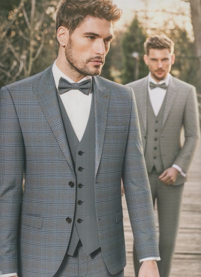 Costume de mariage bleu à carreaux VENISE Barberini, boutique Sandra Mariages CREIL Oise