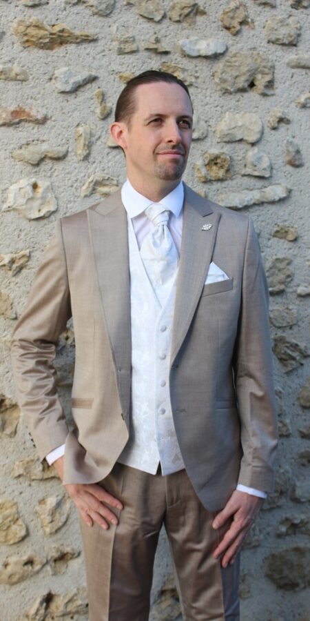 Costume de mariage Baptiste beige, 47% laine, tissu fabriqué en Italie, costume en Europe