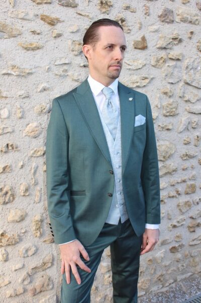 Costume de mariage Brice vert foncé 47% laine, tissu fabriqué en Italie