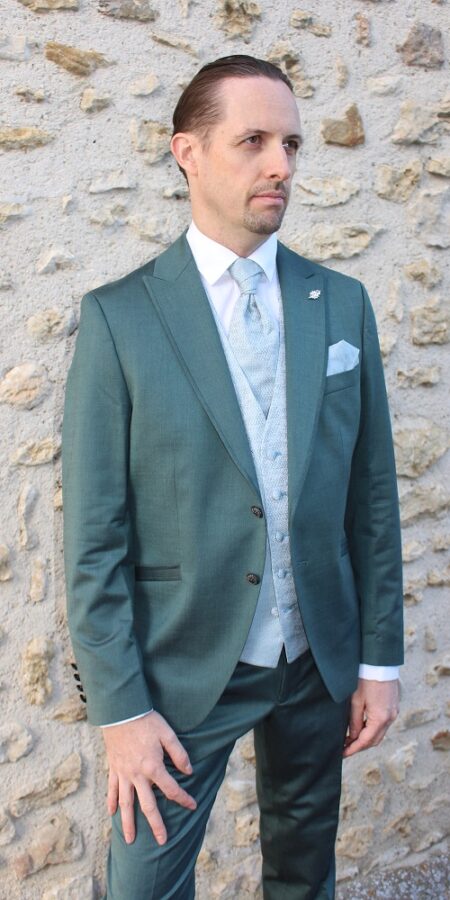 Costume de mariage Brice vert foncé 47% laine, tissu fabriqué en Italie
